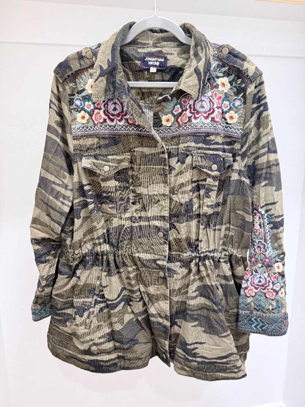 Johnny Was Camo Military Jacket Sz 1X Drawstring waist